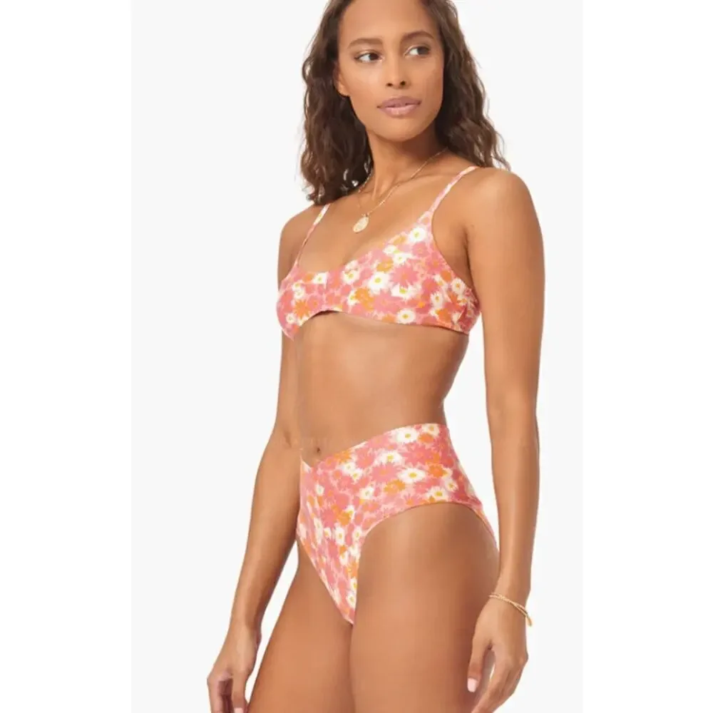 L*Space Fused Ry Bikini Bottoms Size XS Daisy Printed High Waist Pink Orange NEW